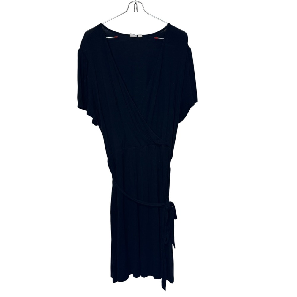Gap Womens T-Shirt Dress Surplice V-Neck Midi Tie Belted Waist Stretch Black XL